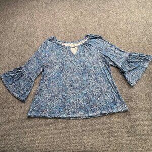 Spense Top Womens LP Blue Paisley Bell Sleeve Keyhole Boho Fairy Hippie Festival